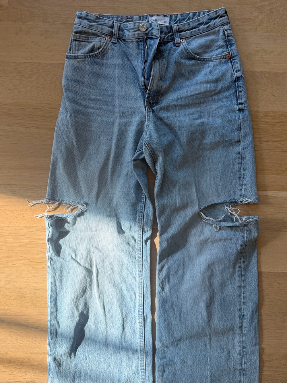 Zara Light Blue Wide-Leg Distressed Jeans